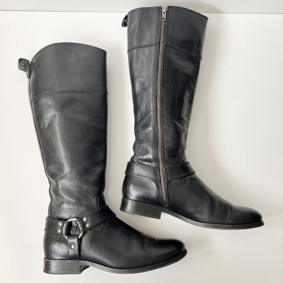 Frye Black Leather Moto Knee High Riding Boots Biker Western Harness Tall 8.5